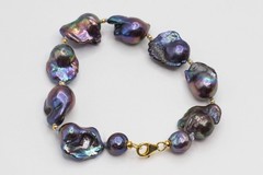 Black Baroque Pearl Bracelet, Handknotted 925 Sterling Silver Gold Plated