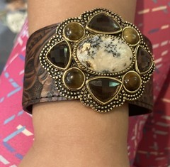 Barse Signed Brown Leather Tooled Cuff Bracelet Multi Stone Bronze Bezel