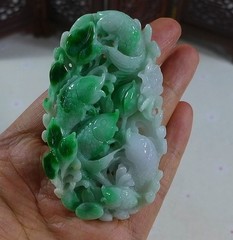 Cert’d Fine Natural Type A Green Jadeite Jade Carp Lotus Flower Pendant 8648