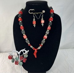 Red Cubed Coral Beads, Serpentine Jasper & Black Lava Stone Beaded Jewelry Set