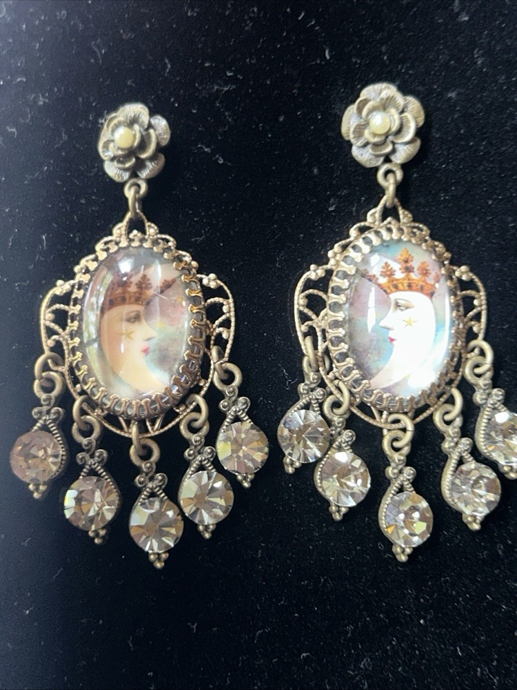 Ornate Crown Moon Chandelier Earrings Antiqued Brass & Black Diamond Crystals