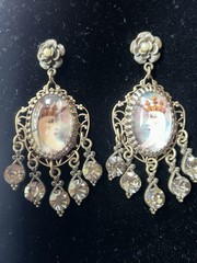Ornate Crown Moon Chandelier Earrings Antiqued Brass & Black Diamond Crystals