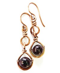 Garnet Wire Wrapped Earrings Copper Teardrop Handcrafted Bohemian Jewelry Stones