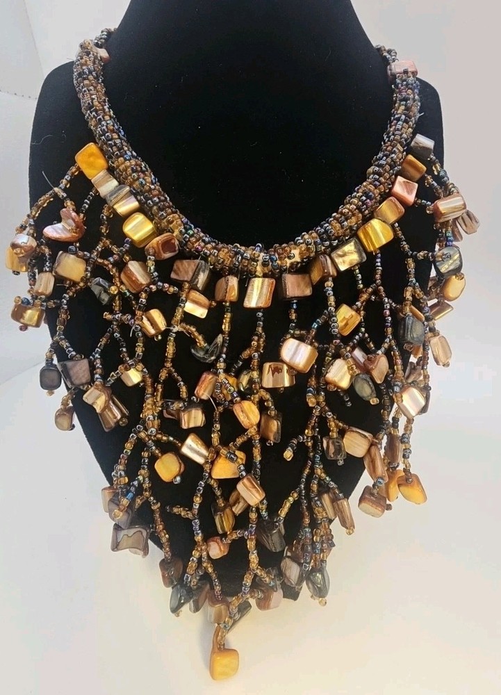 Large Handmade Boho Seed Bead Bib Necklace Shell Fringe Statement Festival…