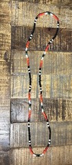 Fire on the Mountain – Long Red, Black & Green Handmade glass bead Necklace 29”