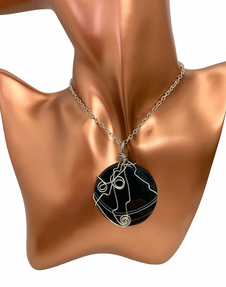 Agate Pendant Necklace: Wire Wrapped Striped Onyx, Silver Wire