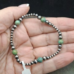 Genuine Green Turquoise Navajo Pearls Stretch Bracelet SW Sterling Silver