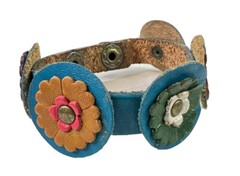 Leather Bracelet Handmade in Mexico Boho Daisy Flower 8” Blue Green White