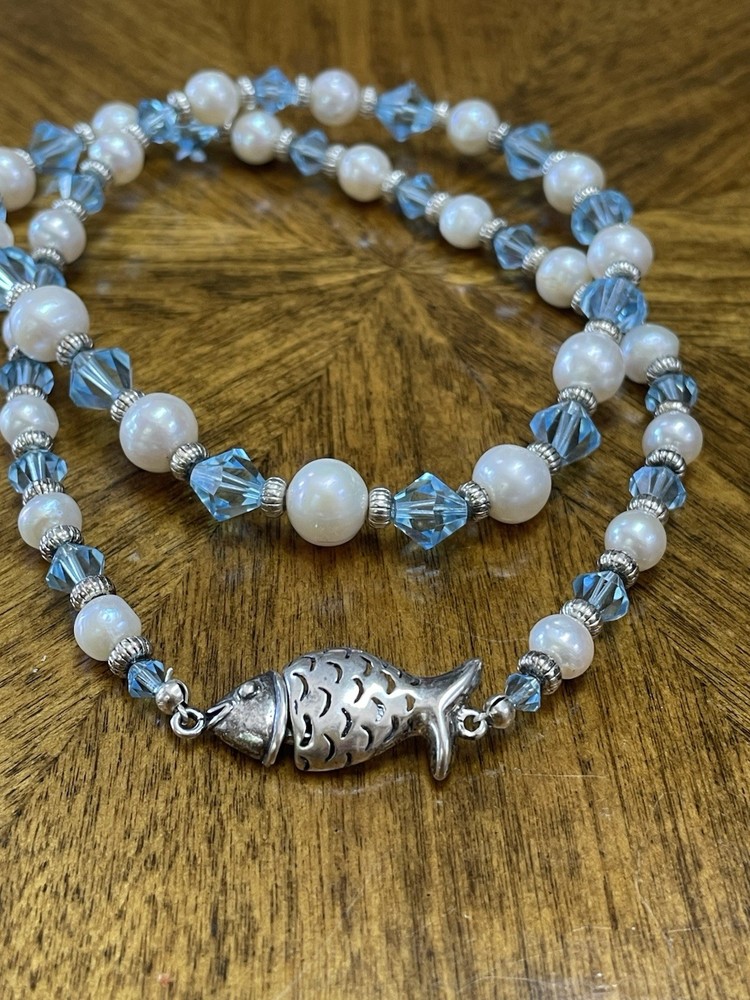 Artisan 21” Freshwater Pearl & Blue Crystal Necklace. 925 Fish Clasp