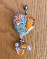 Lampwork Glass Pendant Heart Shape Flower Sterling Silver Hand Made OOAK