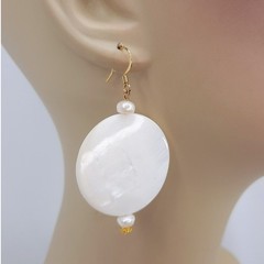Mother of Pearl Disc Earrings Dangle Artisan Made Gold Plated Statement Bridal
