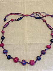 Vintage Handmade Clay Beads Woven Fiber Cord Necklace Fuchsia/Purple Artisan