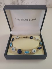 Dark/Lite Blue Evil Eye Good Luck Bracelet Silver Plated Turkey Hand Blow Glass