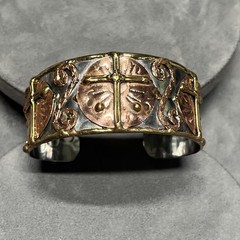 Artisan Mixed Metal Cuff Bracelet Christian Themed Gold Copper Silver Tones