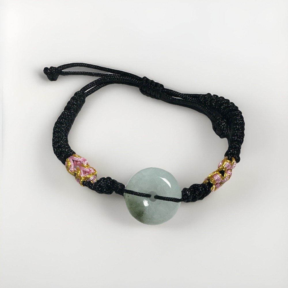 Handcrafted Adjustable Cord Bracelet Green Jade A Round Charm Beaded Pink Gold