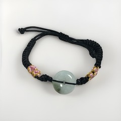 Handcrafted Adjustable Cord Bracelet Green Jade A Round Charm Beaded Pink Gold
