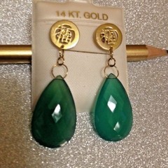14k Gold Earrings Green Agate Pear Shaped Focal Briolette Gemstone Boho 1.5″ L