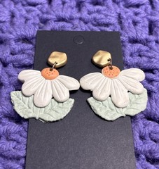 Polymer Clay Daisy Dangle Earrings White Green Orange Goldtone 1 5/8 inches