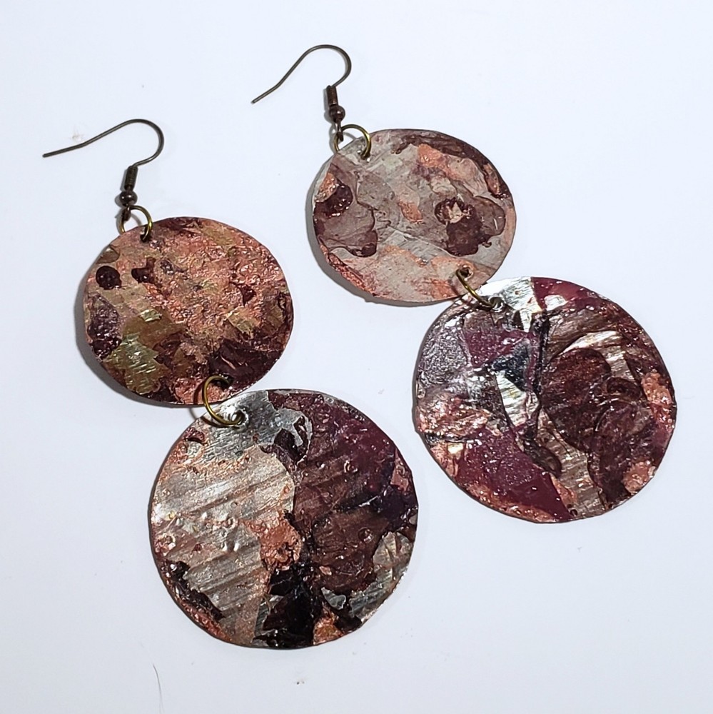 Large Dangle drop earrings Brown Copper marble swirl Handmade Upcycled