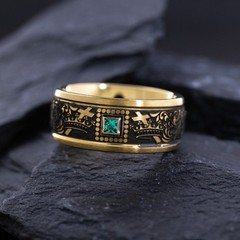 9mm Cobalt Ring with Yellow Gold Plating, Emerald and Cross and Floral Engraving