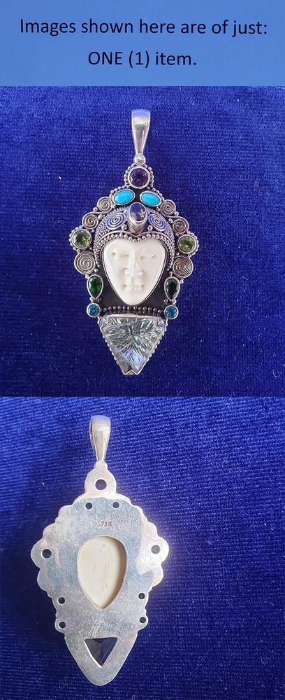 Sterling Silver Goddess Carved Moon Face Multi Gemstones Pendant 25pt457