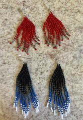 New Handmade Beaded Fringe Earrings, 2 Pairs, Red/Silver, Blue/Black/White