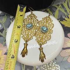 Adorned Crown Jewelry assemblage blue rhinestone hand filigree earrings