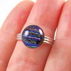 Adjustable Ring Dichroic Glass Pink Green Blue Striped Reed Dot Tiny 1/4″ 7mm