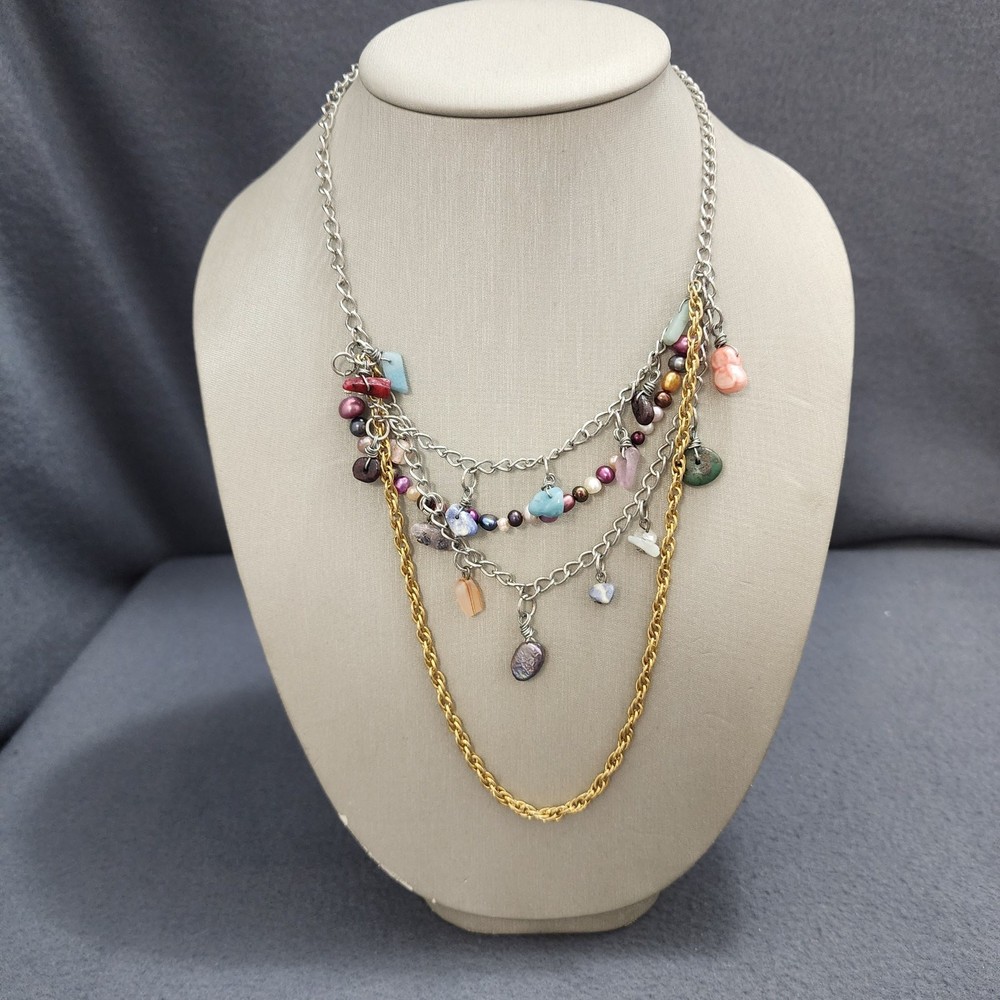 Vintage Handmade Necklace Layered Mixed Materials Boho Statement Gems Pearls
