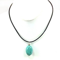 Turquoise Oval Pendant 17″ Necklace Handmade Gemstone Jewelry Black Leather