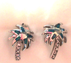 Blue Fire Opal Inlay Solid 925 Sterling Silver Palm Tree Post Earrings
