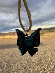 Hand Blown Art Glass Butterfly Pendant – Black & Teal