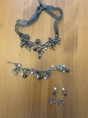 Handmade Pewter Leaf And Pearl Necklace, Bracelet, And Matching Earrings ￼