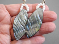 long MOTHER OF PEARL ABALONE pierced earrings w/faux pearls dangle