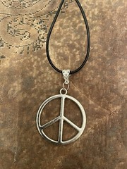 Retro Silver Large Round Peace Sign Pendant Black Leather Cord Necklace