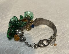 Handcrafted Spoon Bracelet with 6 Lamp Work Green Flower Beads .7 1/2 inches .