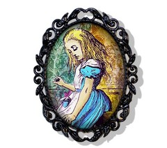 Alice In Wonderland Book Lovers Handmade Oval Black FIligree BROOCH Jewelry