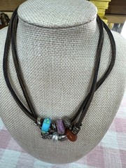 Artisan 925 Sterling Elephant Clasp Leather Necklace Lampwork Glass Charm Beads