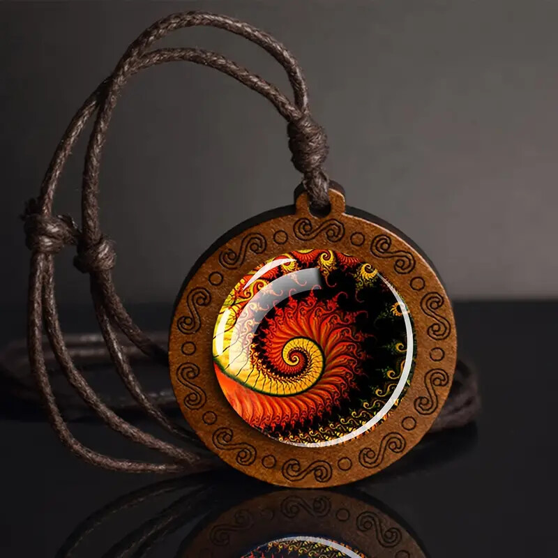 Bohemian Style Glass & Wood Pendant Necklace Spiritual Geometric Jewelry Gift