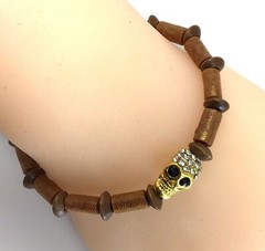Coral and wood beaded bracelet with skull pendant healing gemstone for women