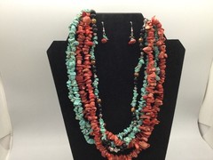 Turquoise And Coral Chip Necklace And Earrings