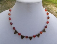 Handmade Necklace of Red Agate, Clear Czech Glass, and Bronze Tone Metal Beads