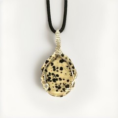 Dalmatian Jasper Gemstone Pendant Silver Plated Wire 18 In. Handmade Jewelry.
