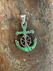 Sterling Silver 950 Cardenas Taxco Anchor captain green fire opal inlay pendant