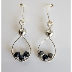 Teardrop Earrings Handcrafted Copper Wire, Silver Plated, Tourmaline, 1.75 in