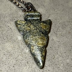 Arrowhead Serpentine Type Stone Pendant Green Natural Matrix Brass Chain Olive