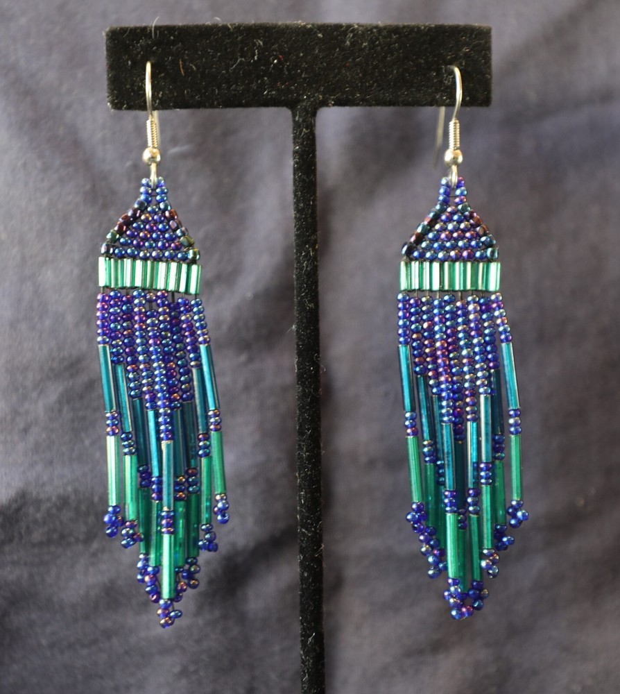 Handmade vintage beaded earrings [dark blue and green, 3.75 inches]