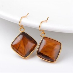 Puffed Diamond Shape Tiger Eye Gemstone Pendant Gold Plated Trim Earrings