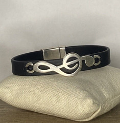 Music Lovers Black Leather Bracelet Silver Music Note Clef Bracelets