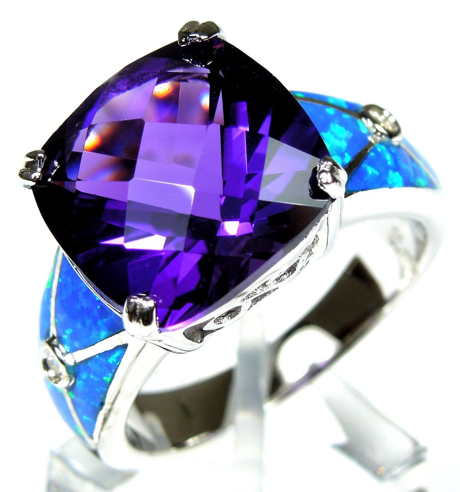 Huge Amethyst and Blue Fire Opal Inlay Solid 925 Sterling Silver Ring Sz 6,7,8,9